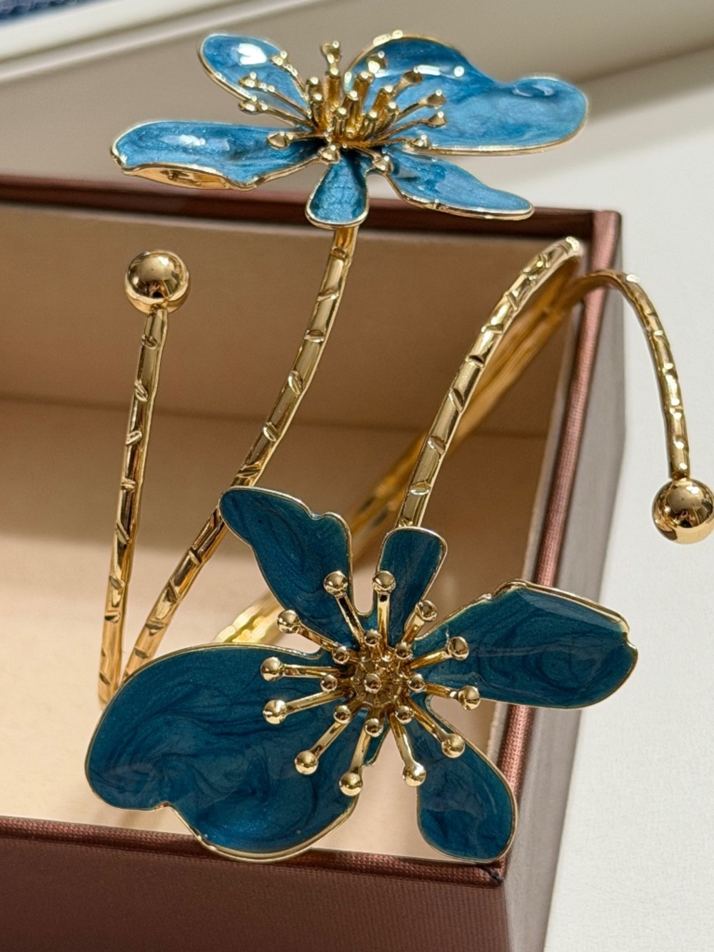 Vintage Golden Blue Enamel Asymmetrical Exaggerated Flower Adjustable Bracelet